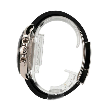 Seitenansicht der Rolex Daytona 116519LN Weißgold mit Oysterflex-Armband und Keramiklünette.