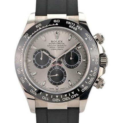 Rolex Daytona 116519LN in Weißgold mit schwarzem Oysterflex-Band und grauem Zifferblatt, 40 mm, Automatikwerk.