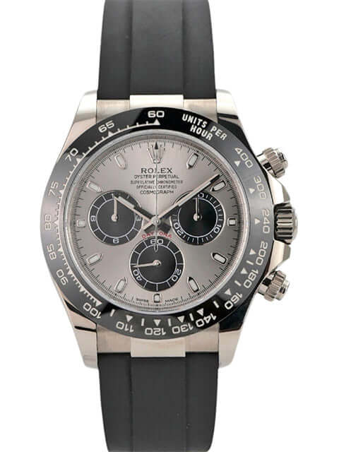 Rolex Daytona 116519LN in Weißgold mit schwarzem Oysterflex-Band und grauem Zifferblatt, 40 mm, Automatikwerk.