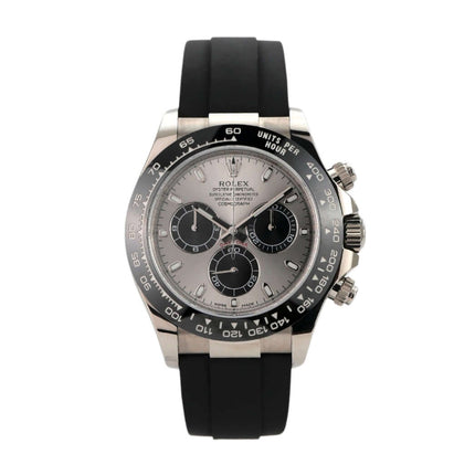 Rolex Daytona 116519LN in Weißgold mit schwarzem Oysterflex-Band und grauem Zifferblatt, 40 mm Gehäuse.
