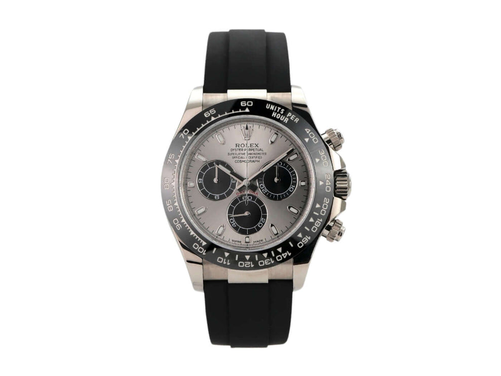 Rolex Daytona 116519LN in Weißgold mit schwarzem Oysterflex-Band und grauem Zifferblatt, 40 mm Gehäuse.
