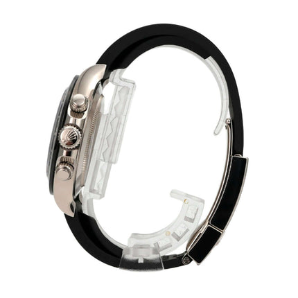 Seitenansicht der Rolex Daytona 116519LN Weißgold mit Oysterflex-Band und Watch-Details.