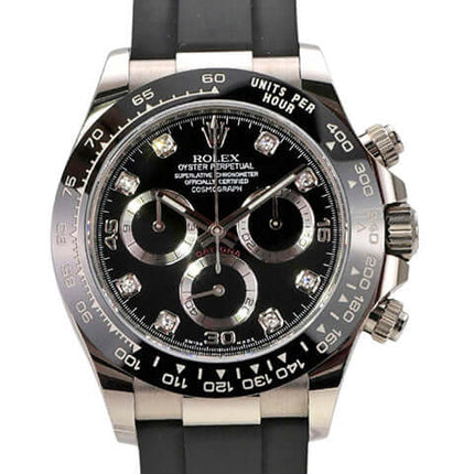 Rolex Daytona 116519LN in Weißgold mit schwarzem Oysterflex-Band und Diamant-Zifferblatt