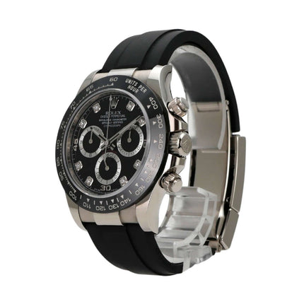 Rolex Daytona 116519LN in Weißgold mit schwarzem Oysterflex-Band und Diamant-Zifferblatt.