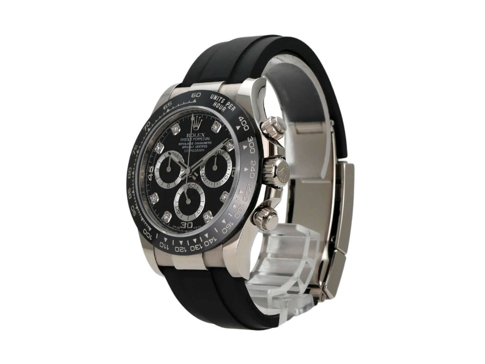 Rolex Daytona 116519LN in Weißgold mit schwarzem Oysterflex-Band und Diamant-Zifferblatt.