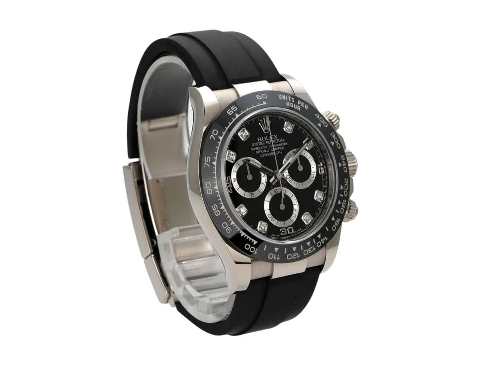 Rolex Daytona 116519LN aus Weißgold mit schwarzem Oysterflex-Band und Diamanten auf dem Zifferblatt.