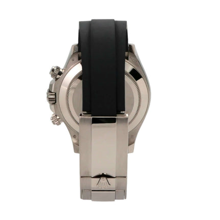 Rolex Daytona 116519LN Rückansicht mit schwarzem Oysterflex-Band und poliertem Weißgold-Gehäuse.