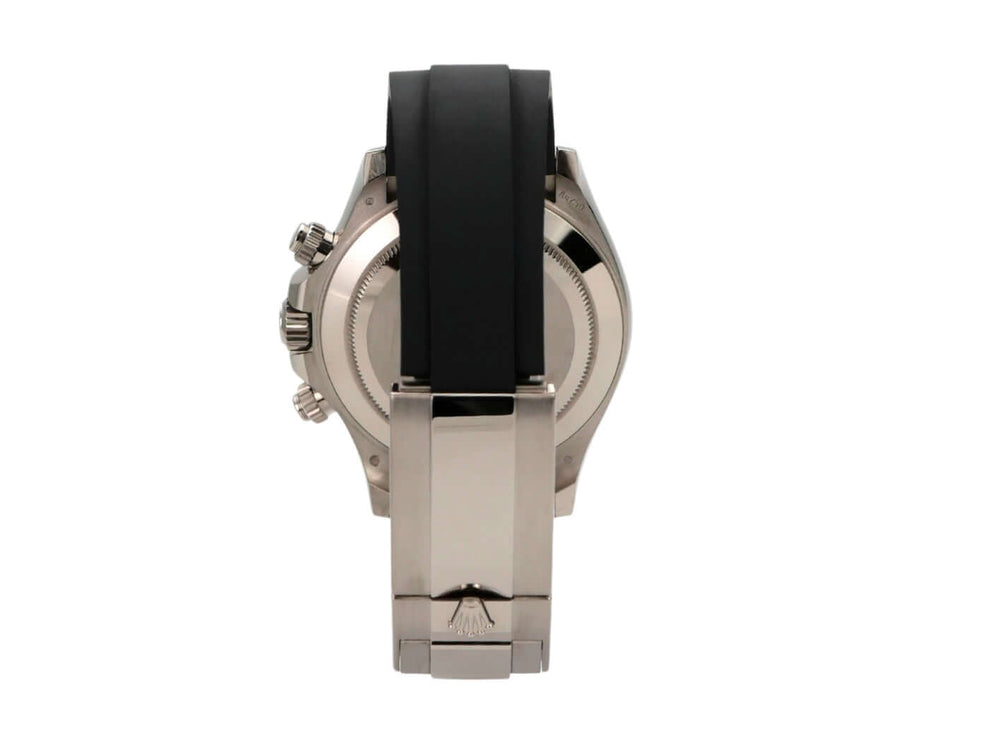 Rolex Daytona 116519LN Rückansicht mit schwarzem Oysterflex-Band und poliertem Weißgold-Gehäuse.