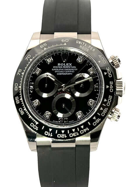 Rolex Cosmograph Daytona 116519LN Weißgold 40 mm Schwarz Diamantzifferblatt mit schwarzem Oysterflex-Band und Keramik Lünette