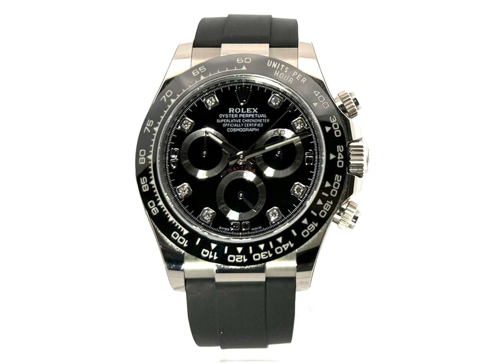 Rolex Cosmograph Daytona 116519LN in Weißgold mit schwarzem Diamantzifferblatt und Oysterflex-Band