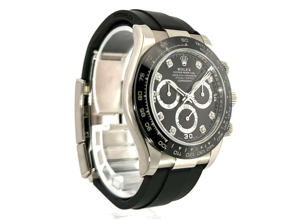 Rolex Daytona 116519LN, 18-karätiges Weißgold, schwarzes Diamantzifferblatt, schwarzes Oysterflex-Band, Keramik-Lünette mit Tachymeterskala