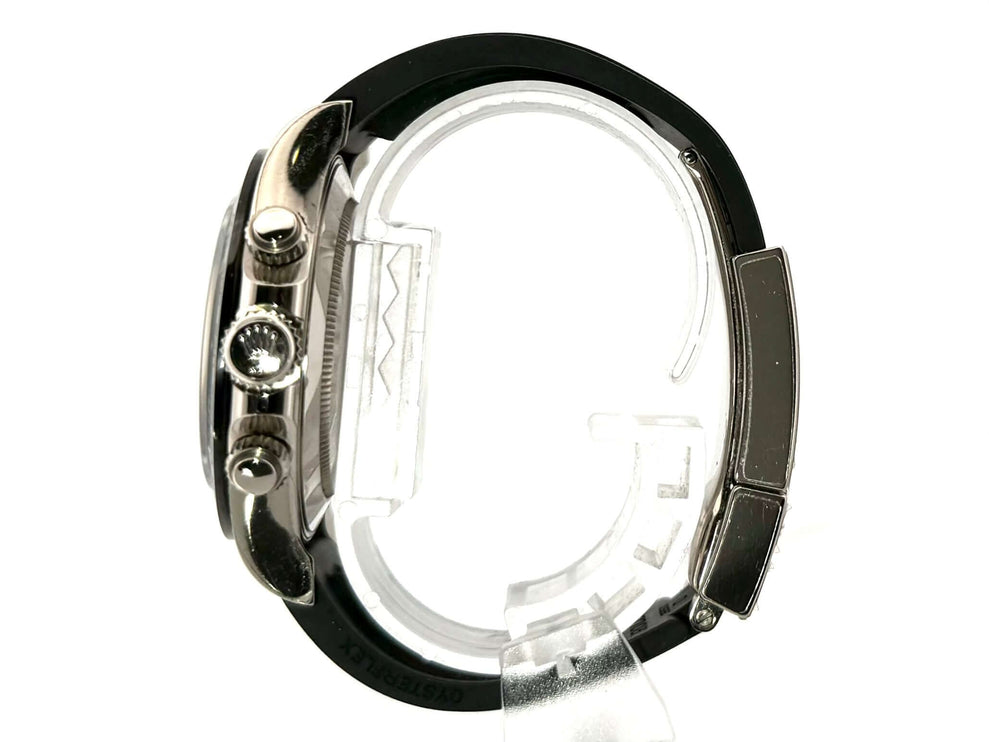 Rolex Daytona 116519LN Weißgold mit schwarzem Oysterflex-Band, Seitenansicht des Gehäuses und der Krone.