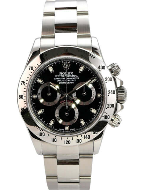 Rolex Daytona Edelstahl 116520 mit schwarzem Zifferblatt und Tachymeterskala, poliertes Edelstahl-Gehäuse.