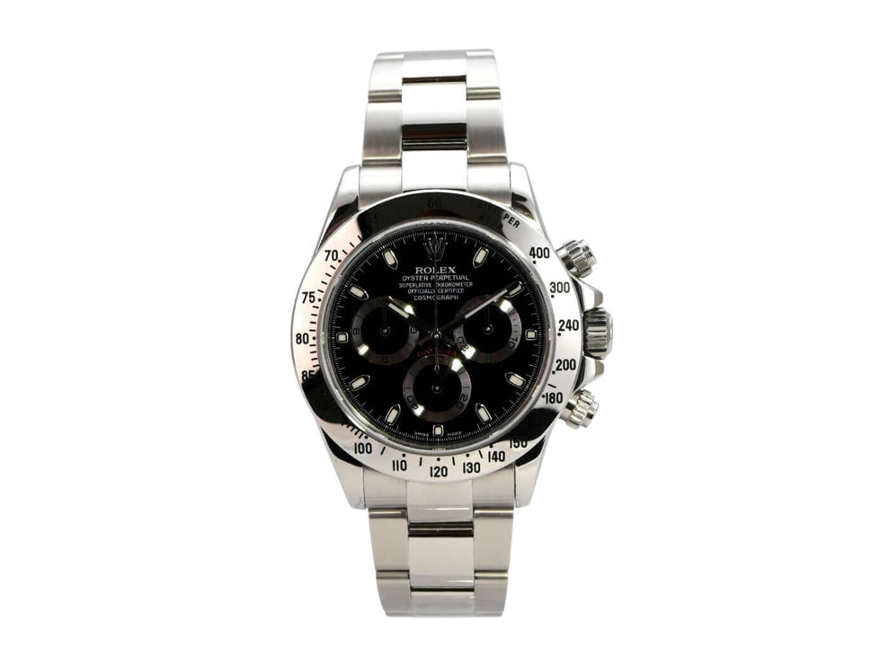 Rolex Daytona Edelstahl 116520 Schwarz mit schwarzem Zifferblatt und Edelstahlband, Chronograph, 2016.