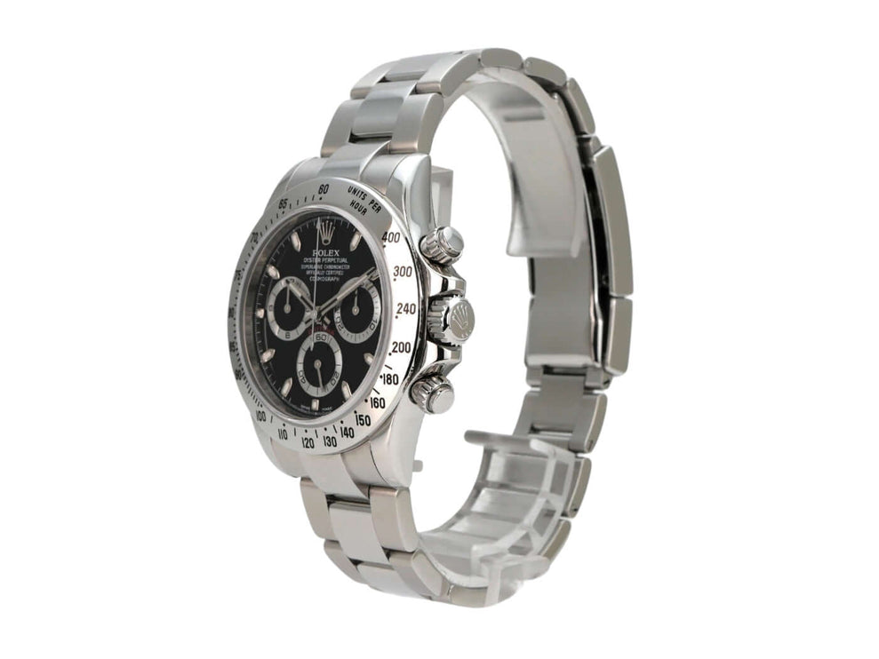Rolex Daytona Edelstahl 116520 aus 2016 mit schwarzem Zifferblatt und chronographischen Funktionen.