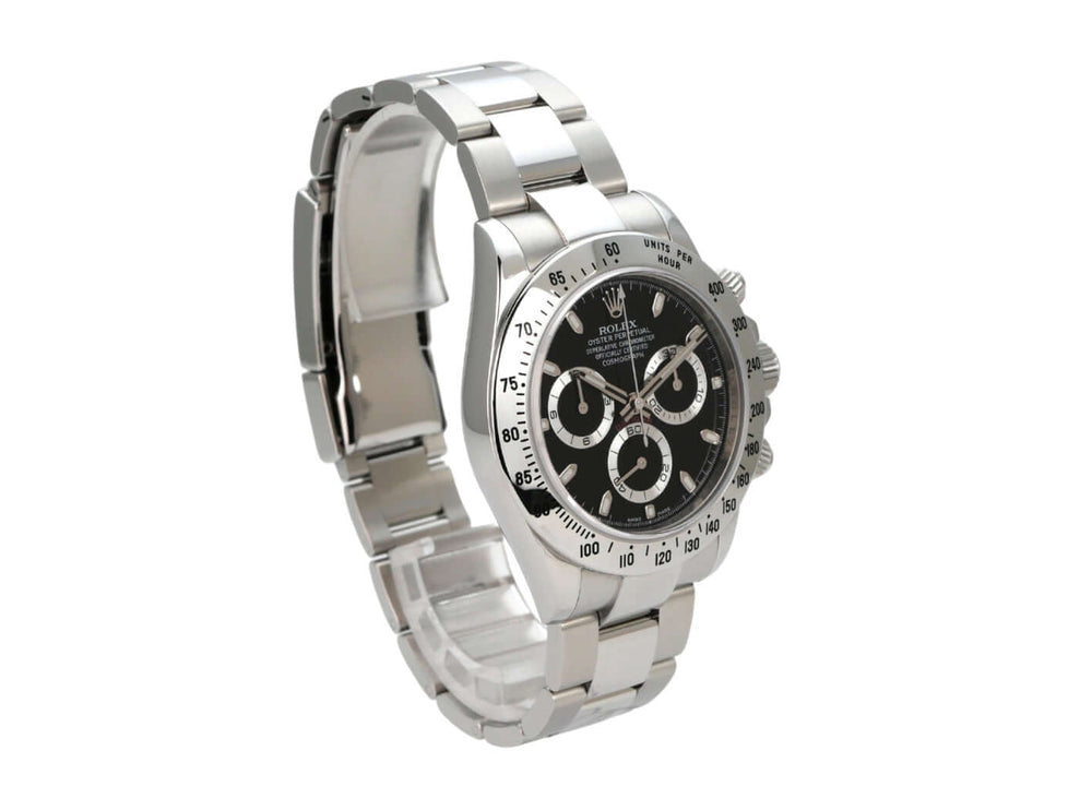 Rolex Daytona Edelstahl 116520 mit schwarzem Zifferblatt und chronographischen Funktionen.