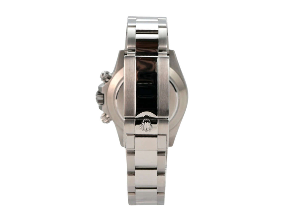 Seitenansicht der Rolex Daytona Edelstahl 116520 mit Oyster Band und Herstellerlogo auf der Schließe.