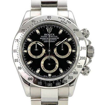 Rolex Daytona Edelstahl 116520 Schwarz M-Serial mit schwarzem Zifferblatt und Edelstahlarmband.