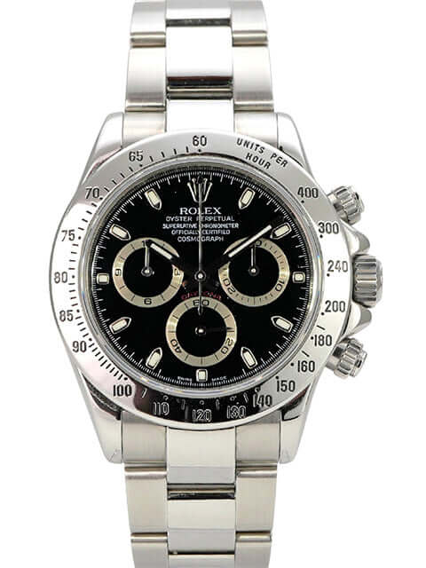 Rolex Daytona Edelstahl 116520 Schwarz M-Serial mit schwarzem Zifferblatt und Edelstahlarmband.
