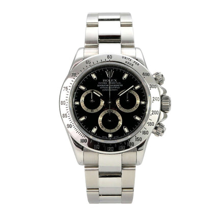 Rolex Daytona Edelstahl 116520 Schwarz M-Serial mit schwarzem Zifferblatt und Edelstahlband.
