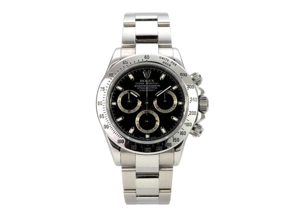 Rolex Daytona Edelstahl 116520 Schwarz M-Serial mit schwarzem Zifferblatt und Edelstahlband.