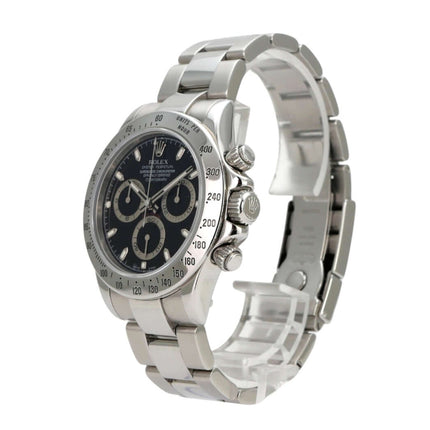 Rolex Daytona Edelstahl 116520 Schwarz M-Serial Uhr mit schwarzem Zifferblatt und Edelstahlarmband.