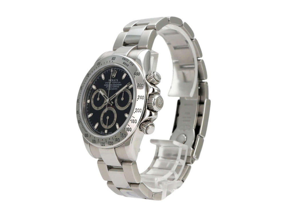 Rolex Daytona Edelstahl 116520 Schwarz M-Serial Uhr mit schwarzem Zifferblatt und Edelstahlarmband.
