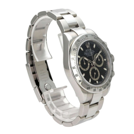 Rolex Daytona Edelstahl 116520 Schwarz M-Serial in poliertem Edelstahl mit schwarzem Zifferblatt und chronographen Funktionen.