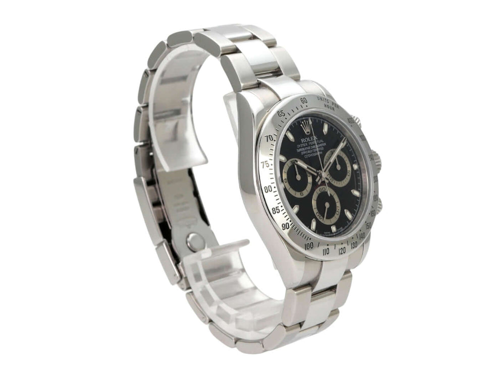Rolex Daytona Edelstahl 116520 Schwarz M-Serial in poliertem Edelstahl mit schwarzem Zifferblatt und chronographen Funktionen.