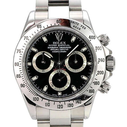 Rolex Daytona Edelstahl 116520 Schwarz, schwarzes Zifferblatt und Oysterband, Luxus-Chronograph mit Tachymeter