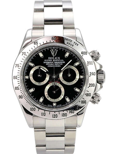 Rolex Daytona Edelstahl 116520 Schwarz, schwarzes Zifferblatt und Oysterband, Luxus-Chronograph mit Tachymeter