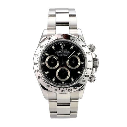 Rolex Daytona Edelstahl 116520 Schwarz mit schwarzem Zifferblatt, Edelstahlband und Tachymeter-Lünette