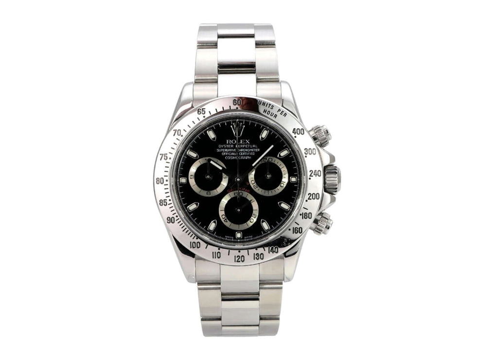 Rolex Daytona Edelstahl 116520 Schwarz mit schwarzem Zifferblatt, Edelstahlband und Tachymeter-Lünette