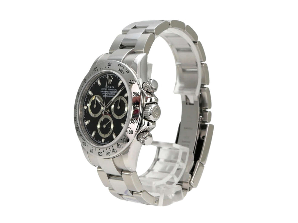 Rolex Daytona Edelstahl 116520 Schwarz mit schwarzem Zifferblatt und Edelstahlband, luxuriöse Chronographenuhr