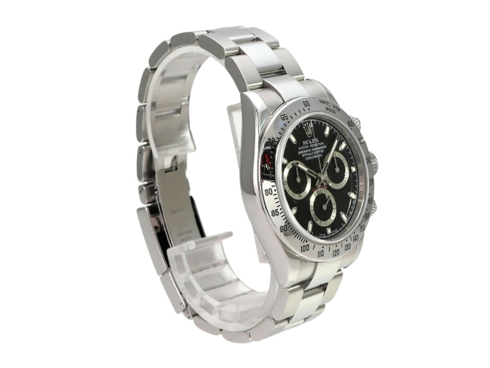 Rolex Daytona Edelstahl 116520 Schwarz mit schwarzem Zifferblatt und Tachymeter-Lünette, Edelstahlarmband