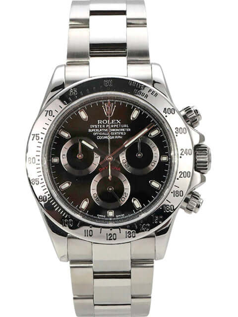 Rolex Daytona Edelstahl 116520 mit schwarzem Zifferblatt und Edelstahlband, Chronograph mit Tachymeterskala.