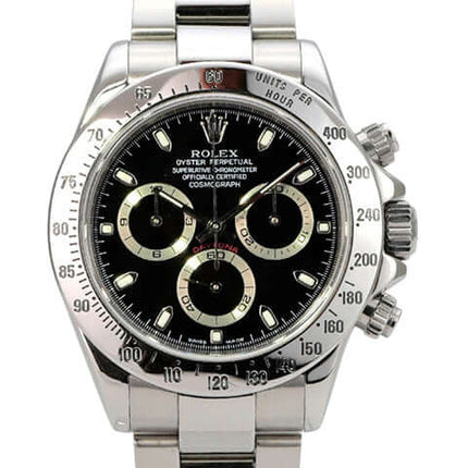 Rolex Daytona Edelstahl 116520 Schwarz, schwarzes Zifferblatt, Edelstahlband und Tachymeter-Lünette