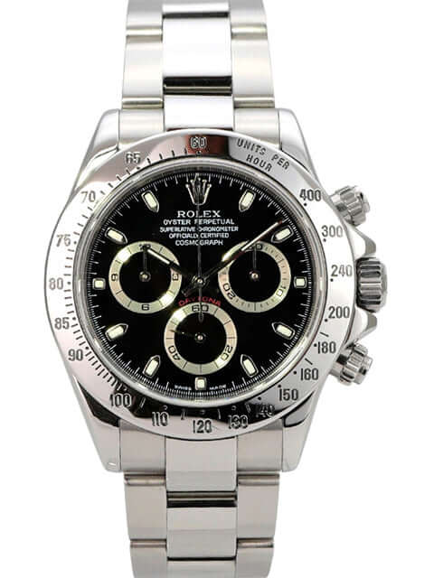 Rolex Daytona Edelstahl 116520 Schwarz, schwarzes Zifferblatt, Edelstahlband und Tachymeter-Lünette