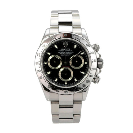 Rolex Daytona Edelstahl 116520 Schwarz, Edelstahl-Chronograph mit schwarzem Zifferblatt und Tachymeterlünette