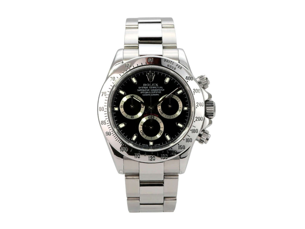 Rolex Daytona Edelstahl 116520 Schwarz, Edelstahl-Chronograph mit schwarzem Zifferblatt und Tachymeterlünette