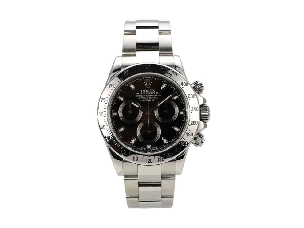 Rolex Daytona Edelstahl 116520 mit schwarzem Zifferblatt und Edelstahlarmband, Ref. 116520, Baujahr 2007.