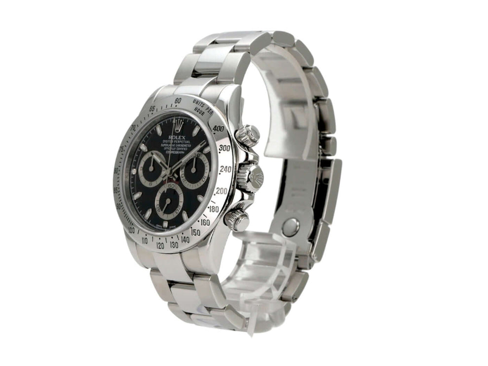 Rolex Daytona Edelstahl 116520 mit schwarzem Zifferblatt und Edelstahlband, präzise Chronometeruhr von 2007.