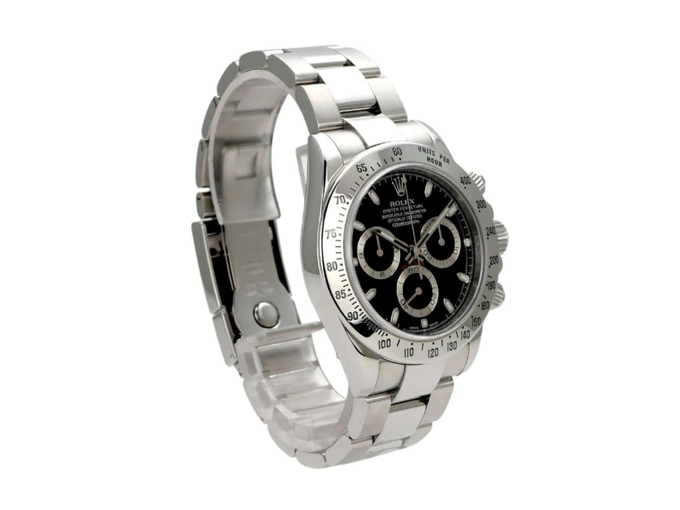Rolex Daytona Edelstahl 116520 mit schwarzem Zifferblatt und Edelstahlband, poliert und satiniert, aus dem Jahr 2007.