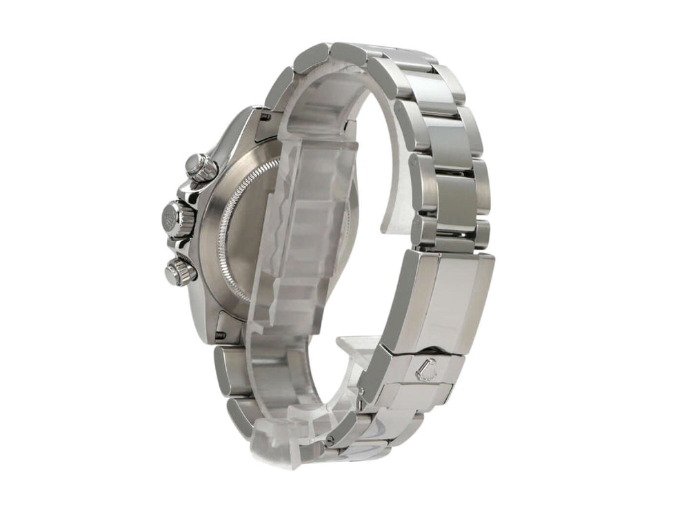 Seitenansicht der Rolex Daytona Edelstahl 116520 mit poliertem und satiniertem Armband und Chronographenfunktionen.