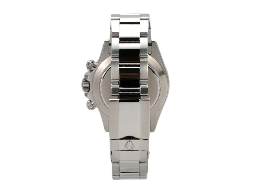 Rolex Daytona Edelstahl Ref. 116520, Ansicht von hinten, poliertes und satiniertes Edelstahlband.