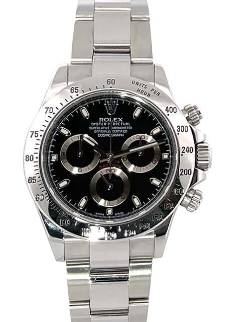 Luxus Herrenuhr Rolex Daytona Edelstahl 116520 Schwarz, Tachymeterskala, schwarzes Zifferblatt, Edelstahlarmband, Saphirglas
