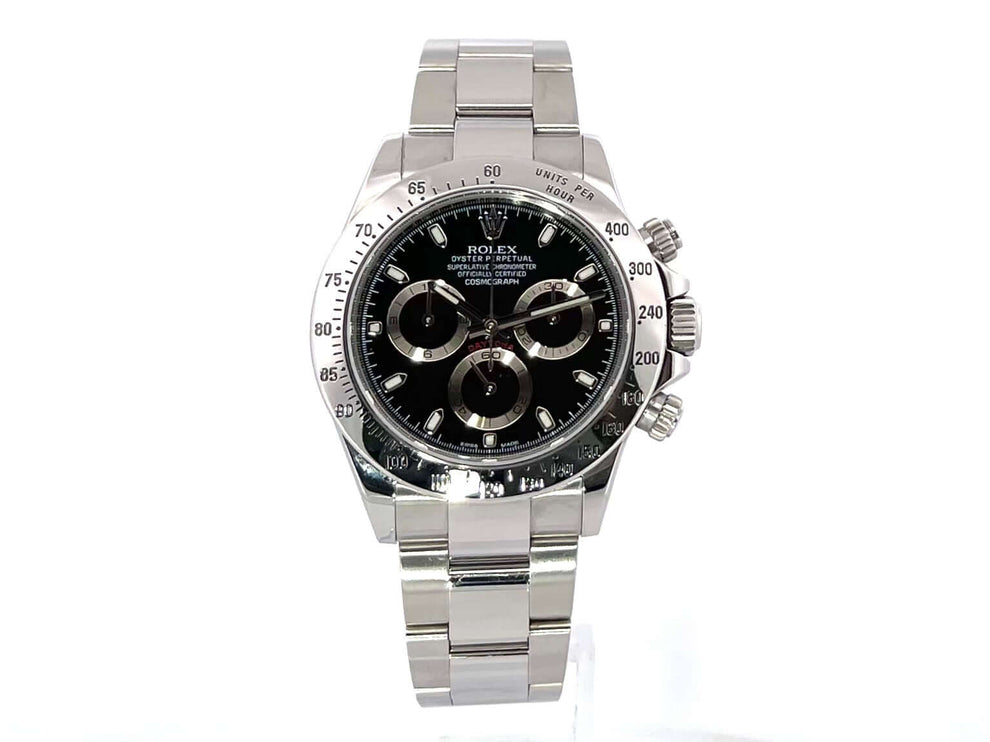 Rolex Daytona Edelstahl 116520 Schwarz, poliertes Gehäuse, Edelstahlband, schwarzes Zifferblatt, Tachymeterskala, Chronometer, Saphirglas