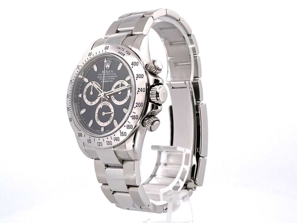 Rolex Daytona Edelstahl 116520 Schwarz mit schwarzem Zifferblatt, Edelstahlgehäuse und Edelstahlband, Chronometer, poliert und satiniert