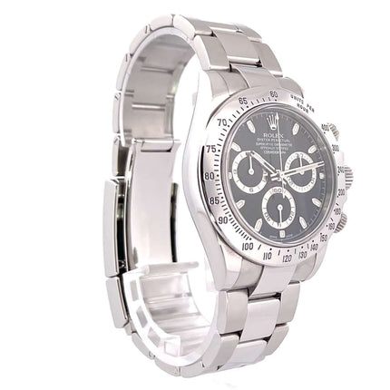 Rolex Daytona Edelstahl 116520 mit schwarzem Zifferblatt, poliertem und satiniertem Edelstahlgehäuse, polierter Lünette und Oyster Edelstahlband.