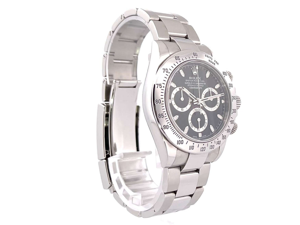 Rolex Daytona Edelstahl 116520 mit schwarzem Zifferblatt, poliertem und satiniertem Edelstahlgehäuse, polierter Lünette und Oyster Edelstahlband.